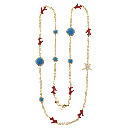 Pretty Little Things Coral Long Necklace goldtone chain with turquoise and red coral accents on Tampa Home & Garden Store