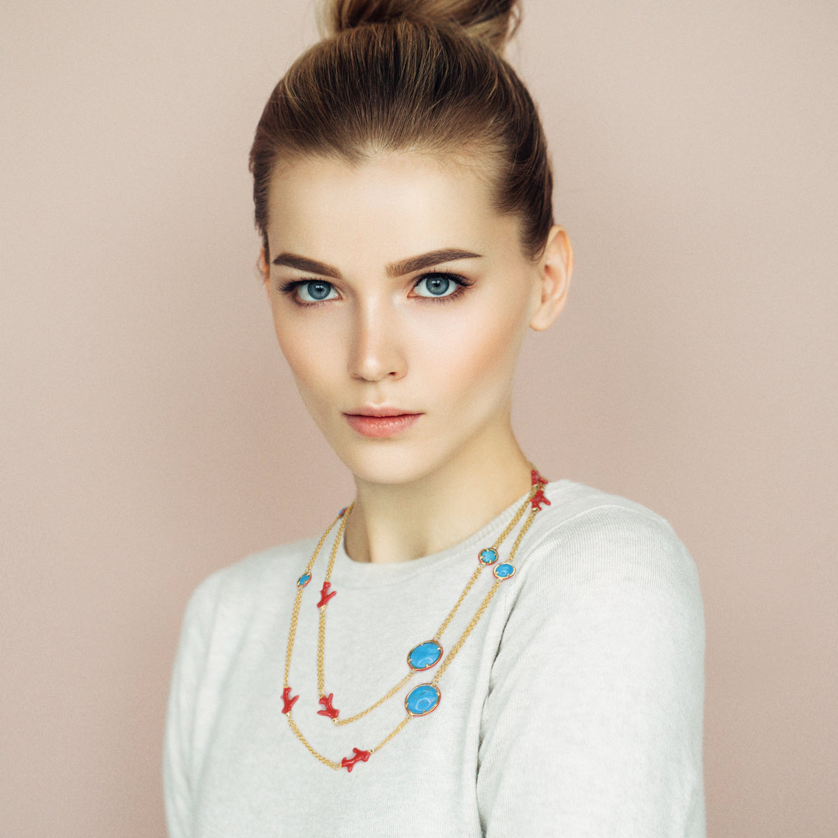 Pretty Little Things Coral Long Necklace with turquoise cabochons on gold chains on Tampa Home & Garden Store