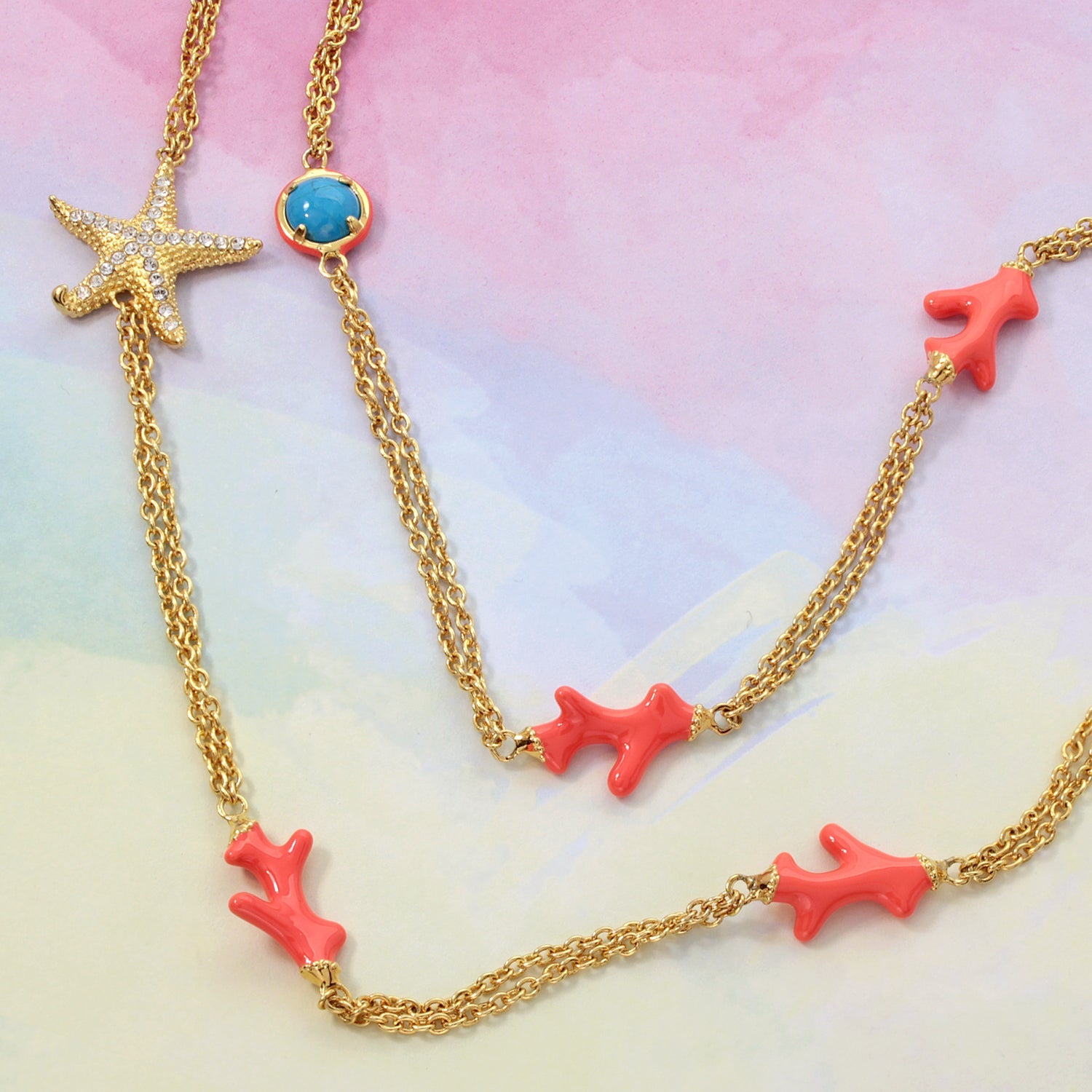 Pretty Little Things Coral Long Necklace with pink coral beads and starfish pendant on Tampa Home & Garden Store