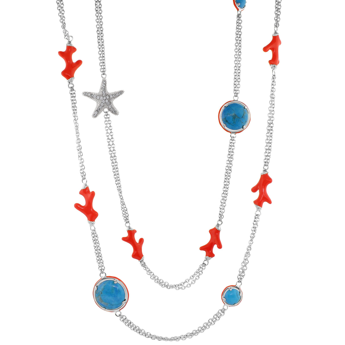 Pretty Little Things Coral Necklace with coral red segments, turquoise discs, starfish charm on Tampa Home & Garden Store