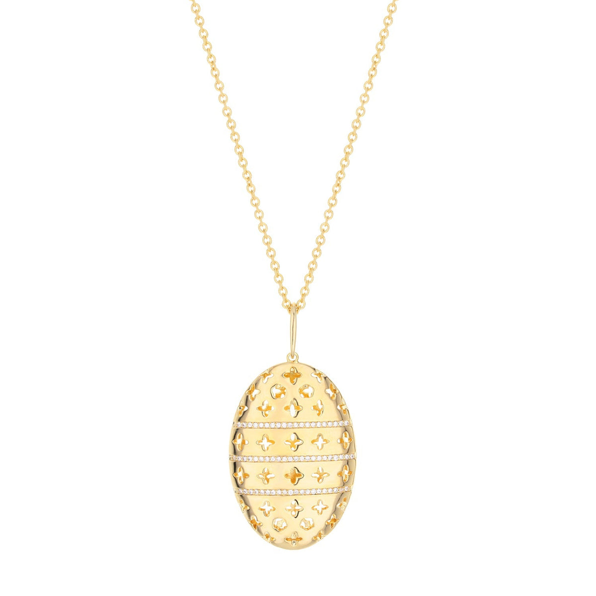 Tic Tac Necklace gold-tone egg pendant with lattice cutouts and rhinestone bands on a gold chain on Tampa Home & Garden Store