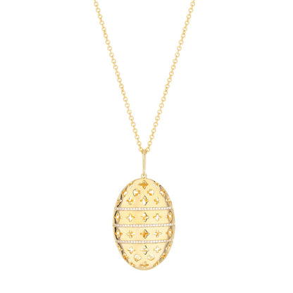 Tic Tac Necklace gold-tone egg pendant with lattice cutouts and rhinestone bands on a gold chain on Tampa Home & Garden Store