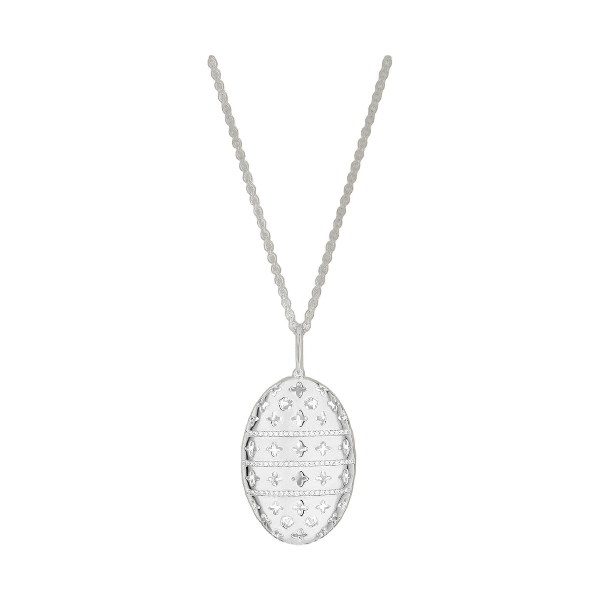 Tic Tac Necklace by Lauren G Adams, silver egg-shaped lattice pendant on a textured chain on Tampa Home & Garden Store