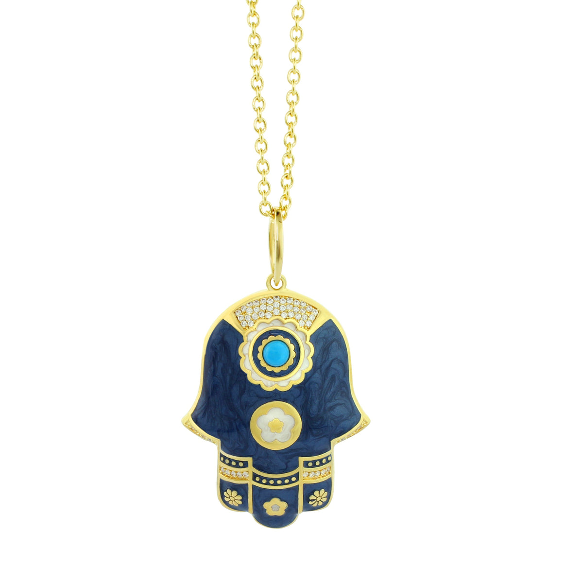 Lucky Hamsa Necklace pendant by Lauren G Adams, blue enamel Hamsa with crystals on gold chain on Tampa Home & Garden Store
