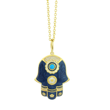 Lucky Hamsa Necklace pendant by Lauren G Adams, blue enamel Hamsa with crystals on gold chain on Tampa Home & Garden Store