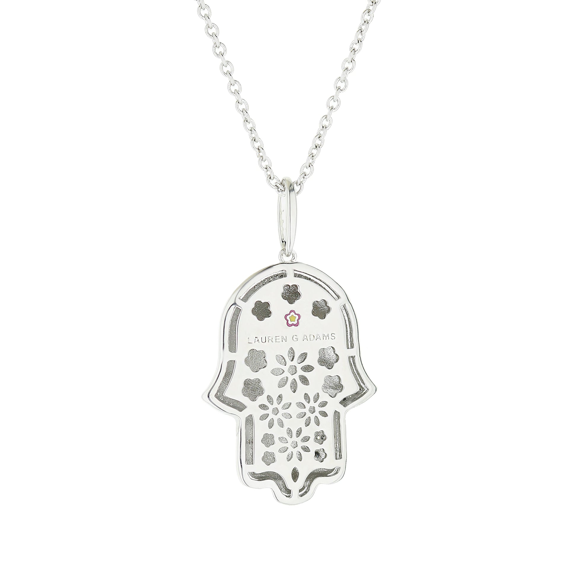Lucky Hamsa Necklace pendant by Lauren G Adams, silver-tone with floral cutouts on Tampa Home & Garden Store