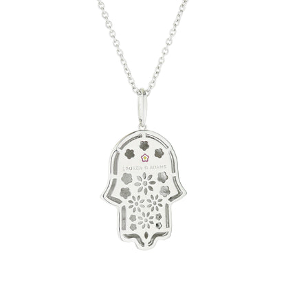 Lucky Hamsa Necklace pendant by Lauren G Adams, silver-tone with floral cutouts on Tampa Home & Garden Store