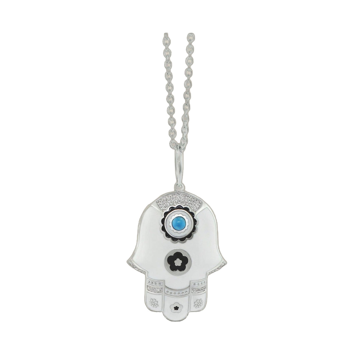 Lucky Hamsa Necklace pendant in silver with blue center accent by Lauren G Adams on Tampa Home & Garden Store