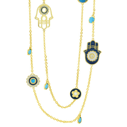Long gold layered necklace featuring Lucky Hamsa and floral blue enamel charms by Lauren G Adams on Tampa Home & Garden Store