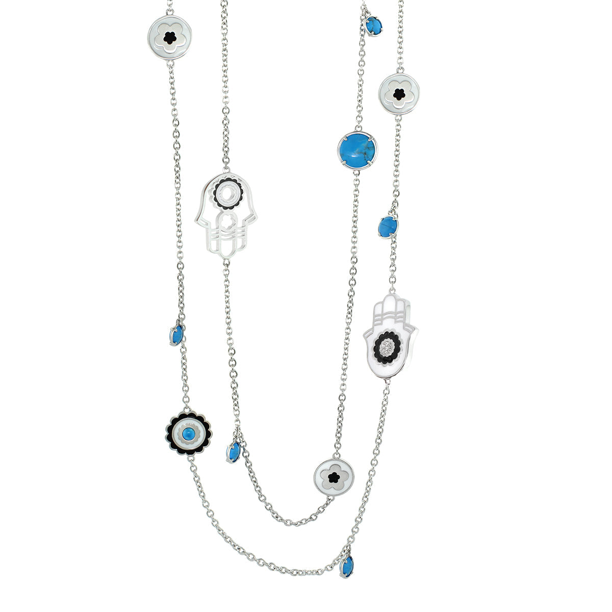 Lucky Hamsa Necklace long silver chain with blue stones and hamsa charms by Lauren G Adams on Tampa Home & Garden Store