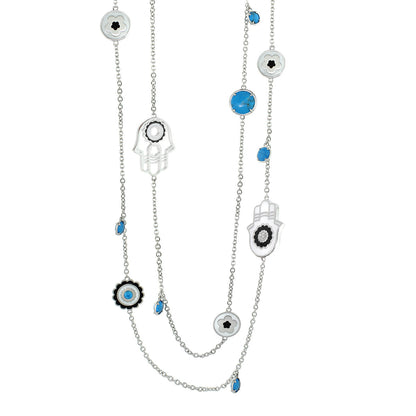 Lucky Hamsa Necklace long silver chain with blue stones and hamsa charms by Lauren G Adams on Tampa Home & Garden Store