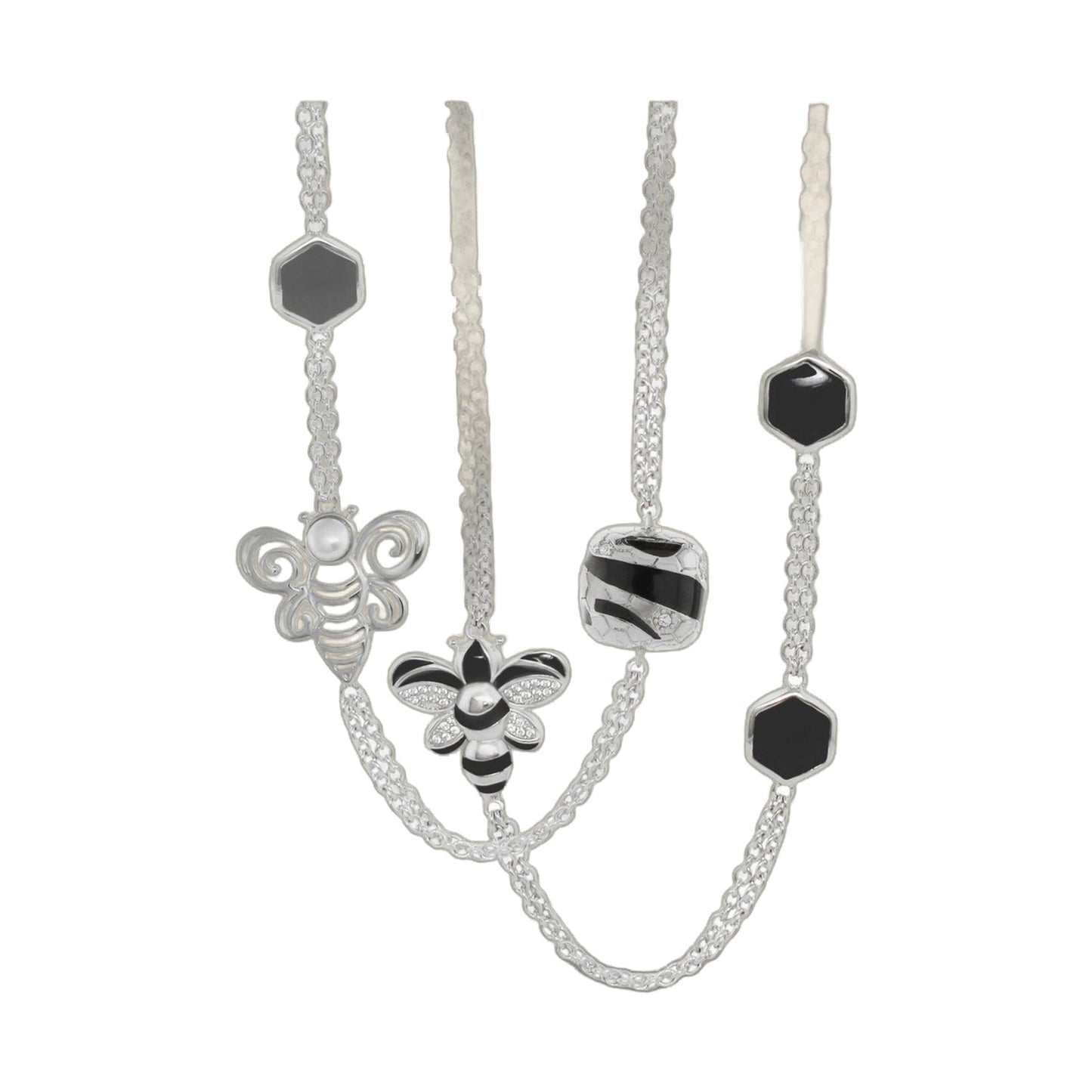 Beehive Necklace with silver-tone chain and black hexagon pendant plus bee charms on Tampa Home & Garden Store