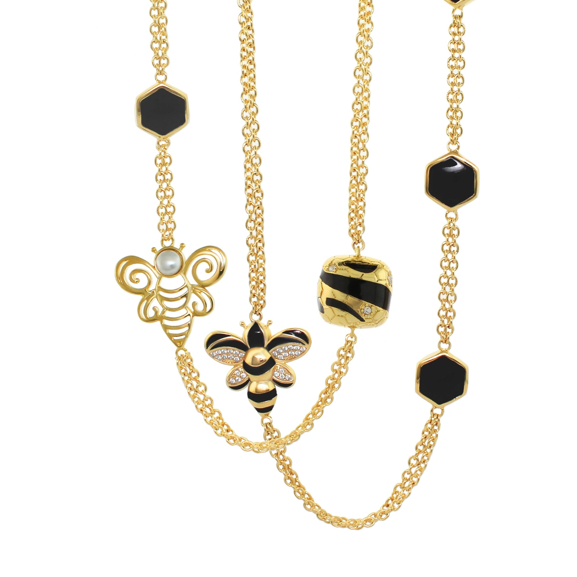 Beehive Necklace by Lauren G Adams, gold-tone layered chains with black hexagon pendants on Tampa Home & Garden Store