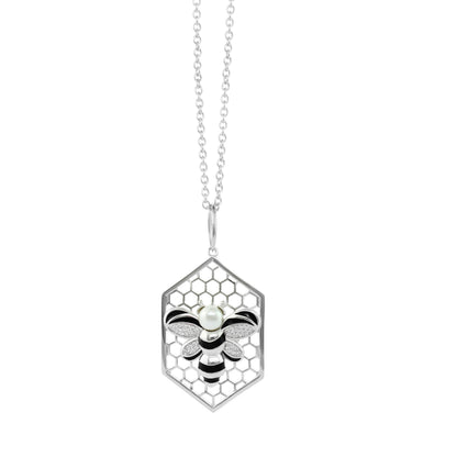 Beehive necklace Lauren G Adams, silver honeycomb pendant with bee and pearl accent chain on Tampa Home & Garden Store