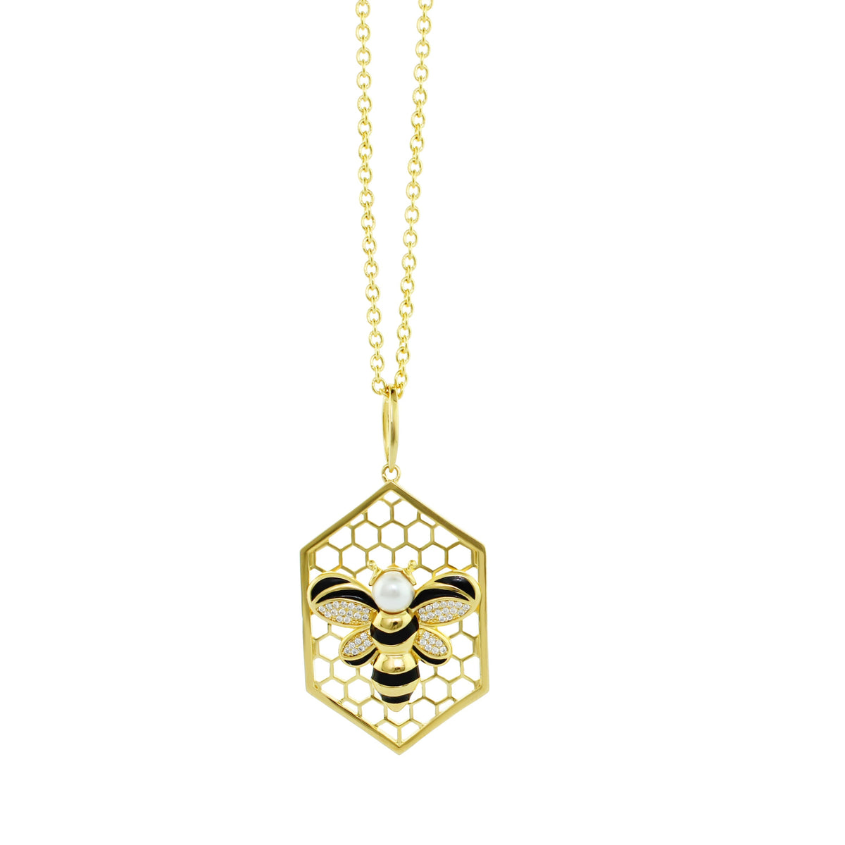 Beehive necklace pendant with gold-tone honeycomb frame and bee motif by Lauren G Adams on Tampa Home & Garden Store