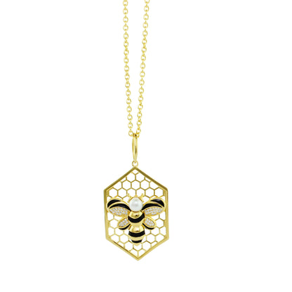 Beehive necklace pendant with gold-tone honeycomb frame and bee motif by Lauren G Adams on Tampa Home & Garden Store