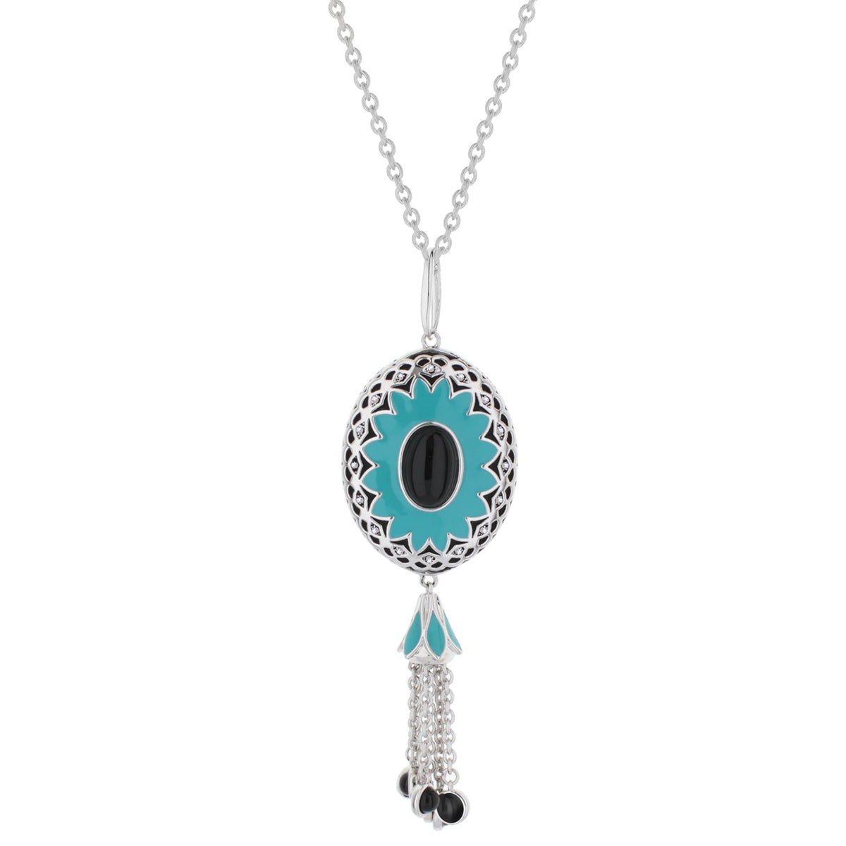Infinity Necklace turquoise enamel filigree pendant, black oval center stone, tassel fringe on Tampa Home & Garden Store