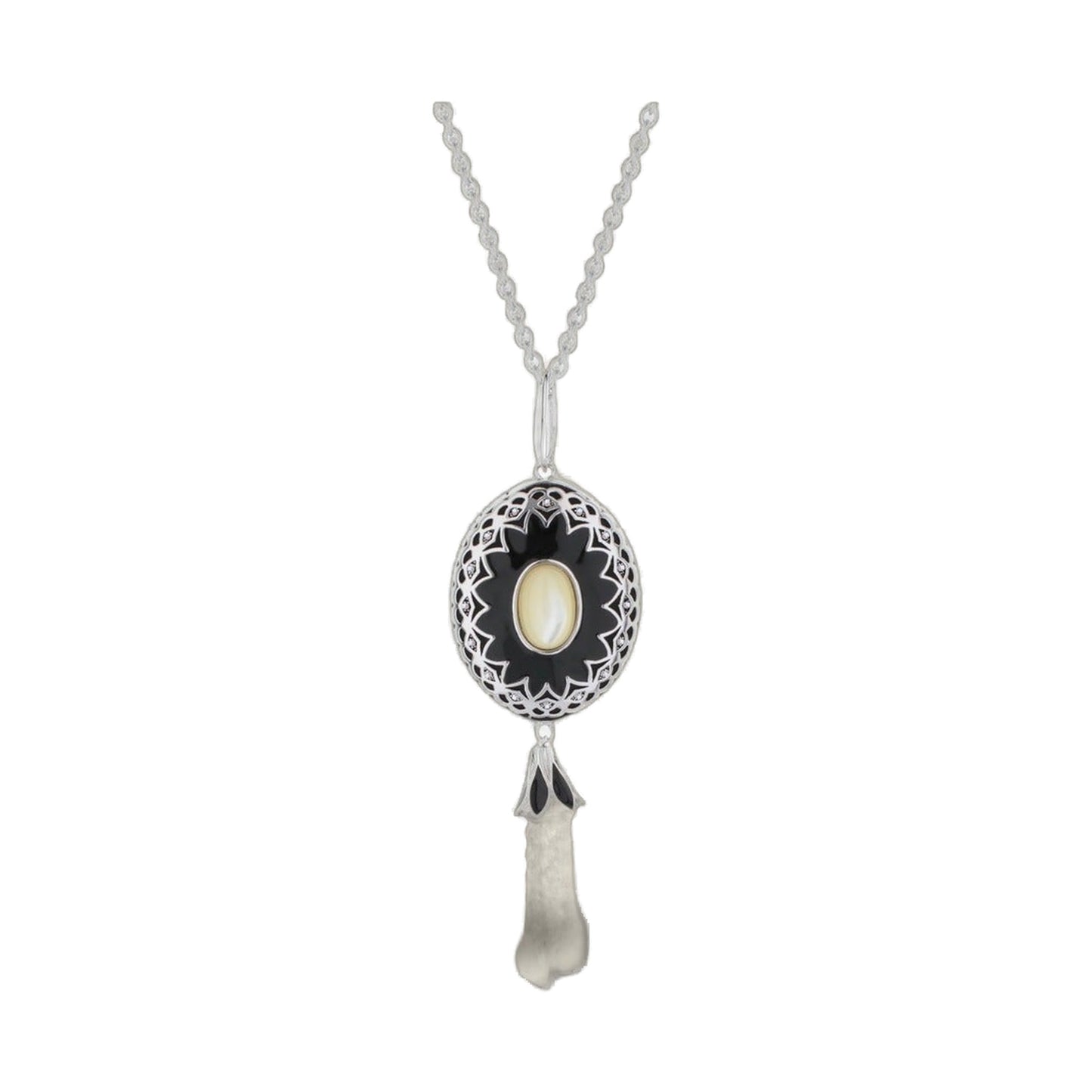 Infinity Necklace by Lauren G Adams, silver-tone chain with black enamel oval pendant on Tampa Home & Garden Store
