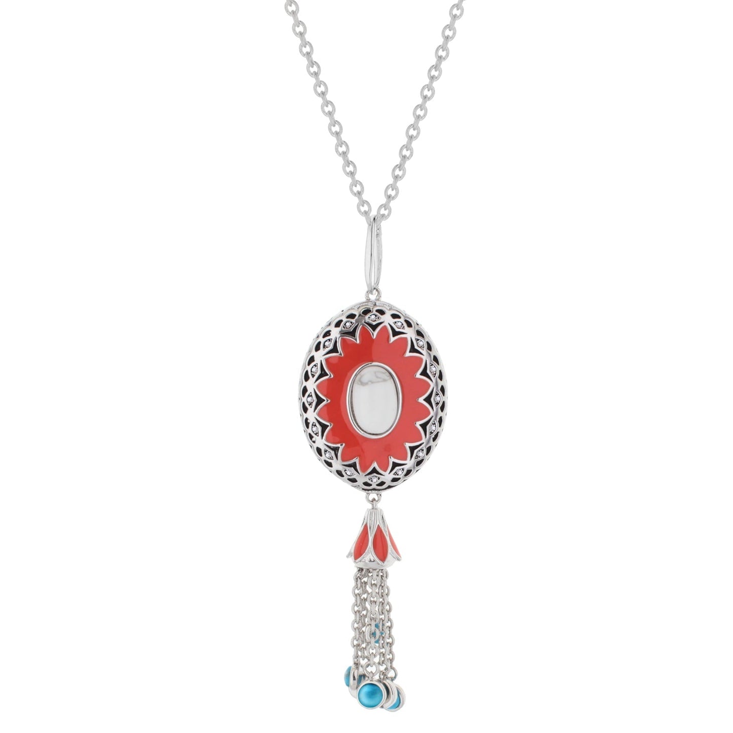 Infinity Necklace by Lauren G Adams red floral oval pendant with silver filigree tassel chain on Tampa Home & Garden Store