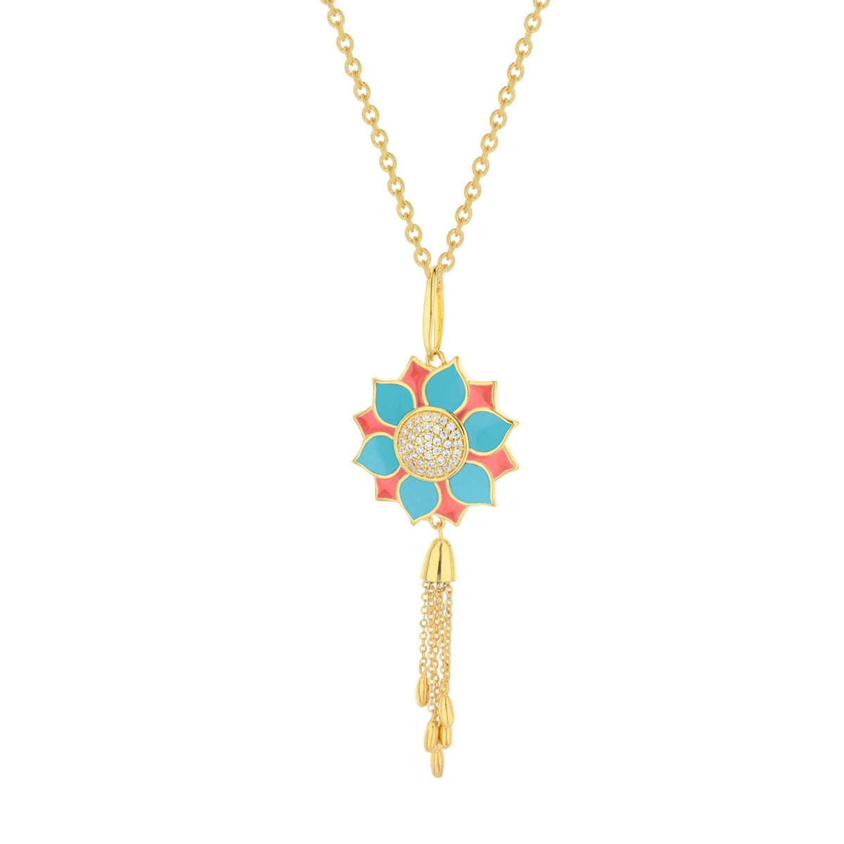 Destiny Necklace by Lauren G Adams, gold flower with petals and diamond center on tassel chain on Tampa Home & Garden Store