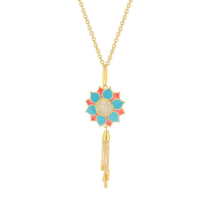 Destiny Necklace by Lauren G Adams, gold flower with petals and diamond center on tassel chain on Tampa Home & Garden Store