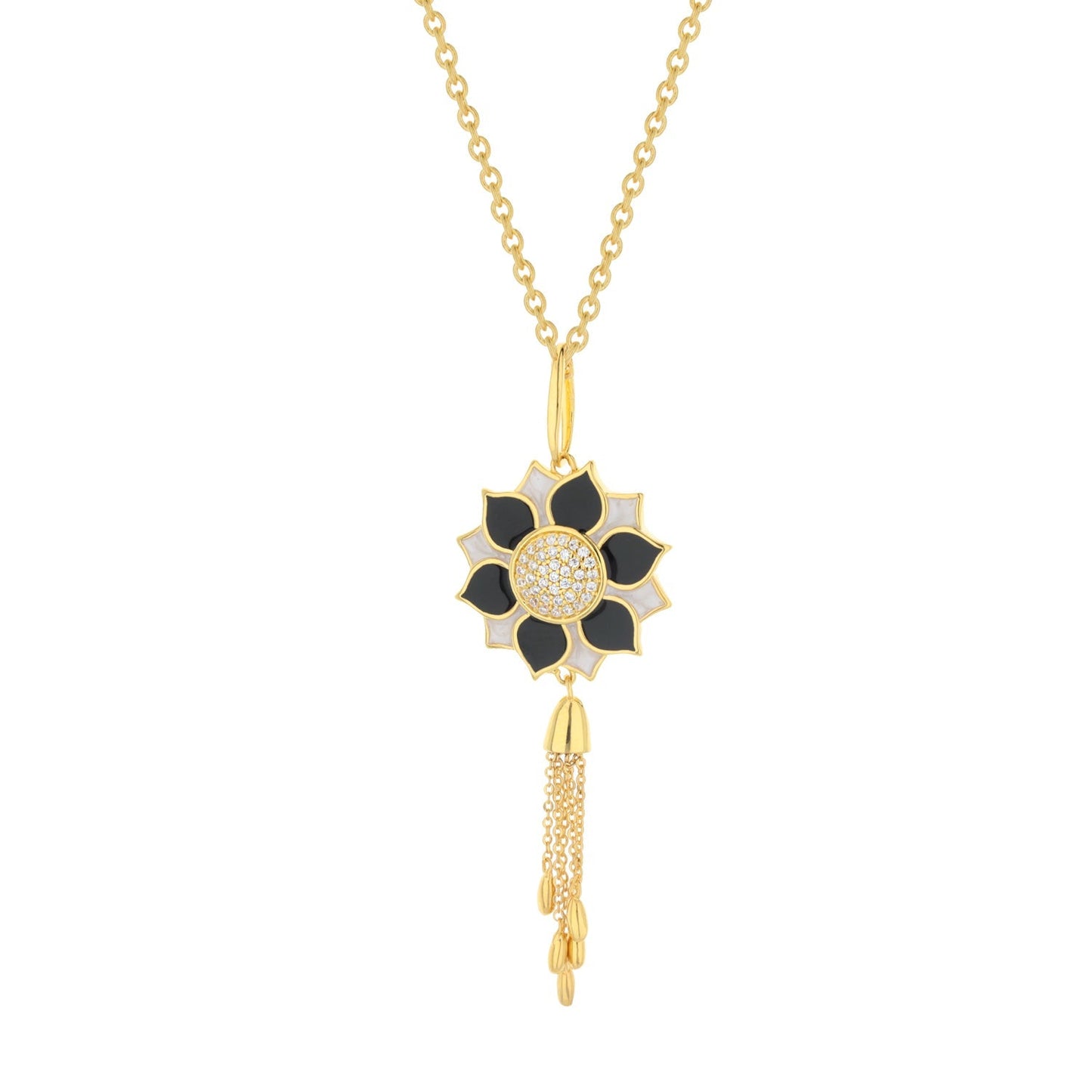Destiny Necklace by Lauren G Adams; gold-tone sunflower with black enamel petals and crystals on Tampa Home & Garden Store