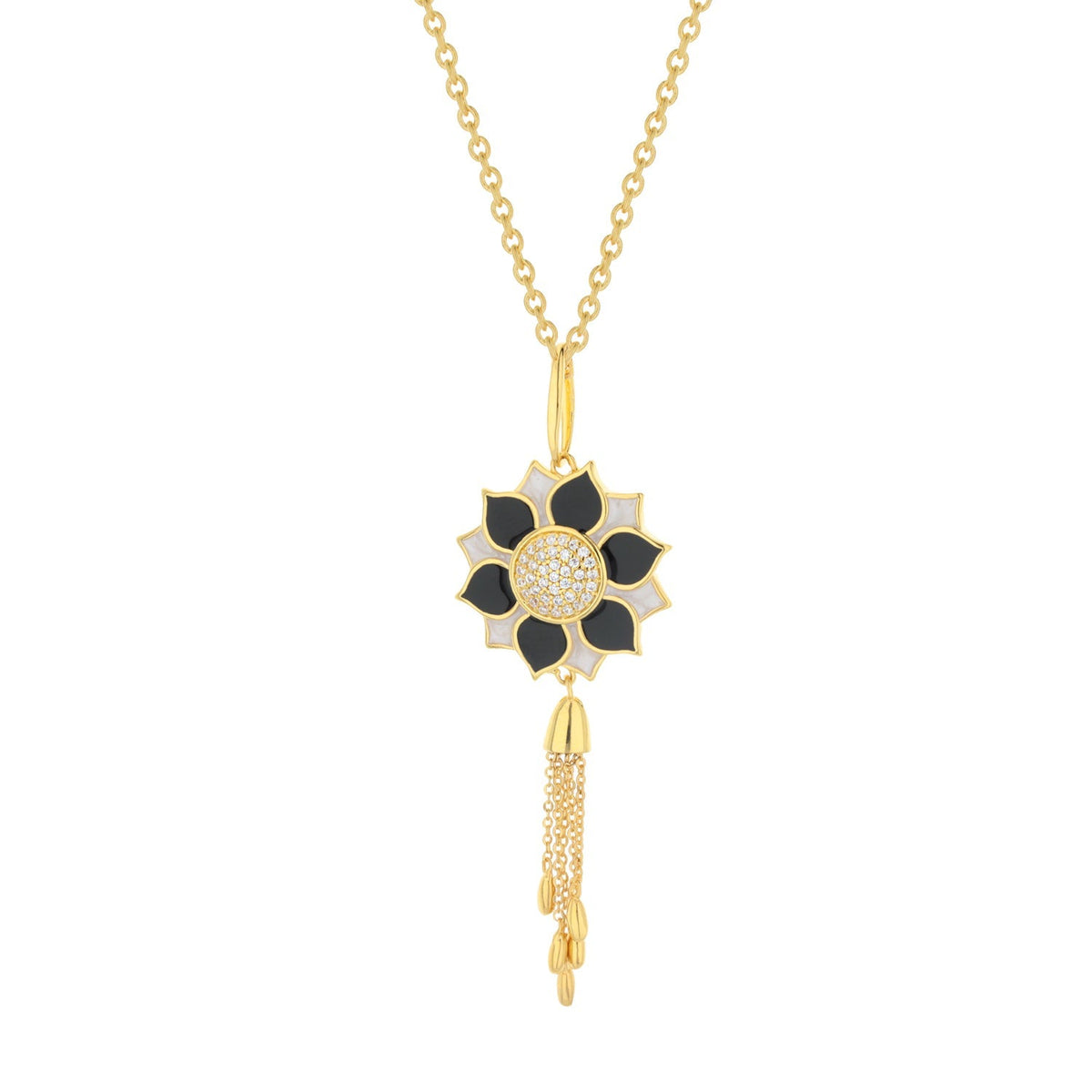 Destiny Necklace by Lauren G Adams; gold-tone sunflower with black enamel petals and crystals on Tampa Home & Garden Store