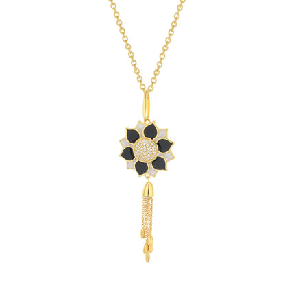 Destiny Necklace by Lauren G Adams; gold-tone sunflower with black enamel petals and crystals on Tampa Home & Garden Store