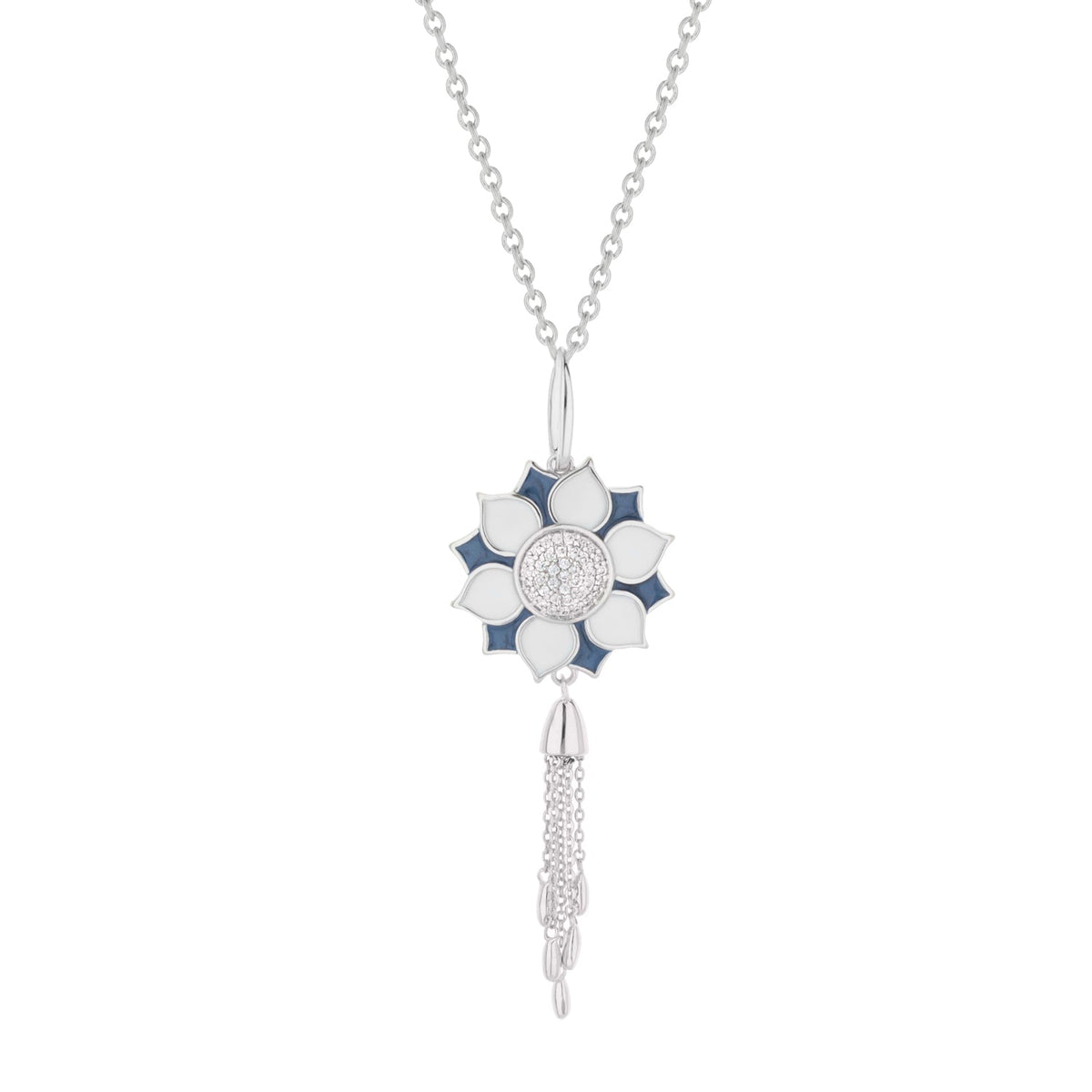 Destiny Necklace pendant white petals blue enamel and crystal center on silver chain with tassels on Tampa Home & Garden Store