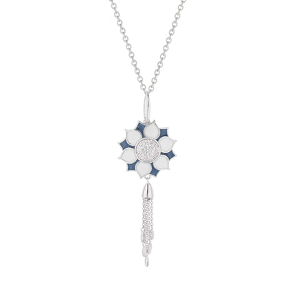Destiny Necklace pendant white petals blue enamel and crystal center on silver chain with tassels on Tampa Home & Garden Store