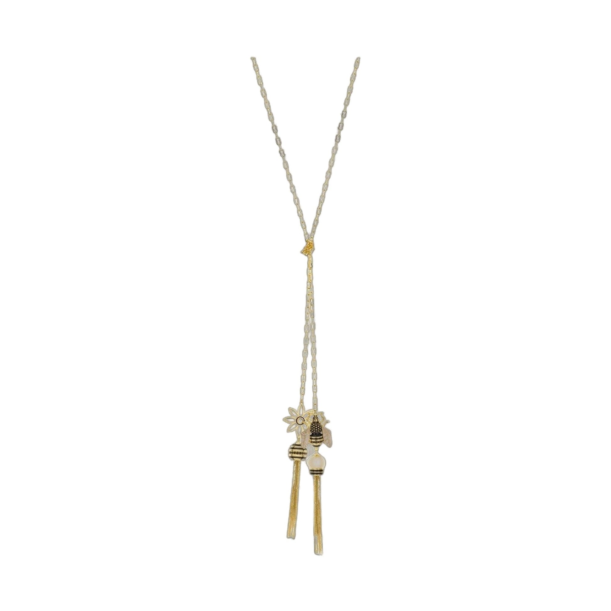 Yellow Bumble Bee Necklace gold-tone chain with bee and flower charms, tassel pendant on Tampa Home & Garden Store