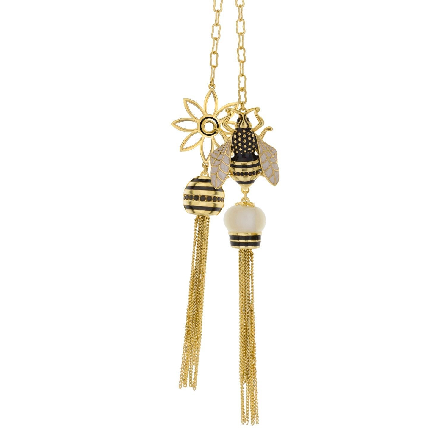 Yellow Bumble Bee Necklace by Lauren G Adams with two charms bee and flower and tassel fringe on Tampa Home & Garden Store