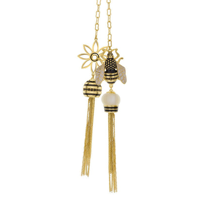 Yellow Bumble Bee Necklace by Lauren G Adams with two charms bee and flower and tassel fringe on Tampa Home & Garden Store