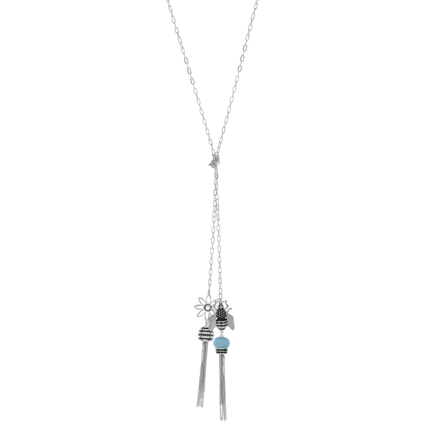 Yellow Bumble Bee Necklace by Lauren G Adams, silver-tone chain with bee charms and tassels on Tampa Home & Garden Store