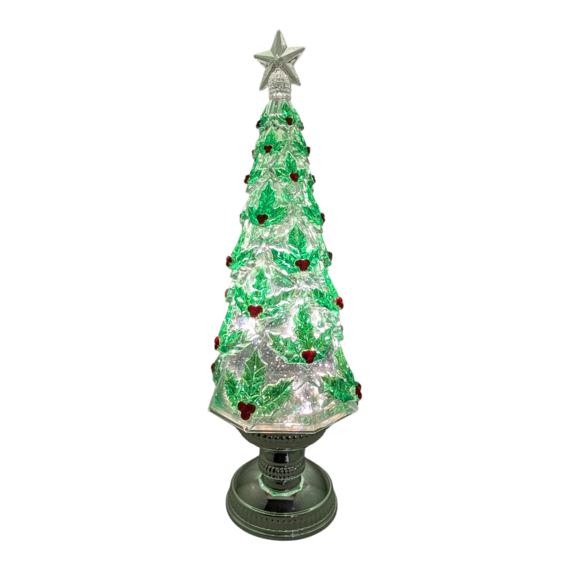 Lighted spinning waterglobe Christmas Tree 16 Inch crystal green branches star topper on Tampa Home & Garden Store