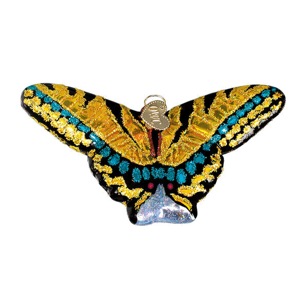 Glass Swallowtail Butterfly Christmas Ornament with yellow, teal and black pattern on Tampa Home & Garden Store