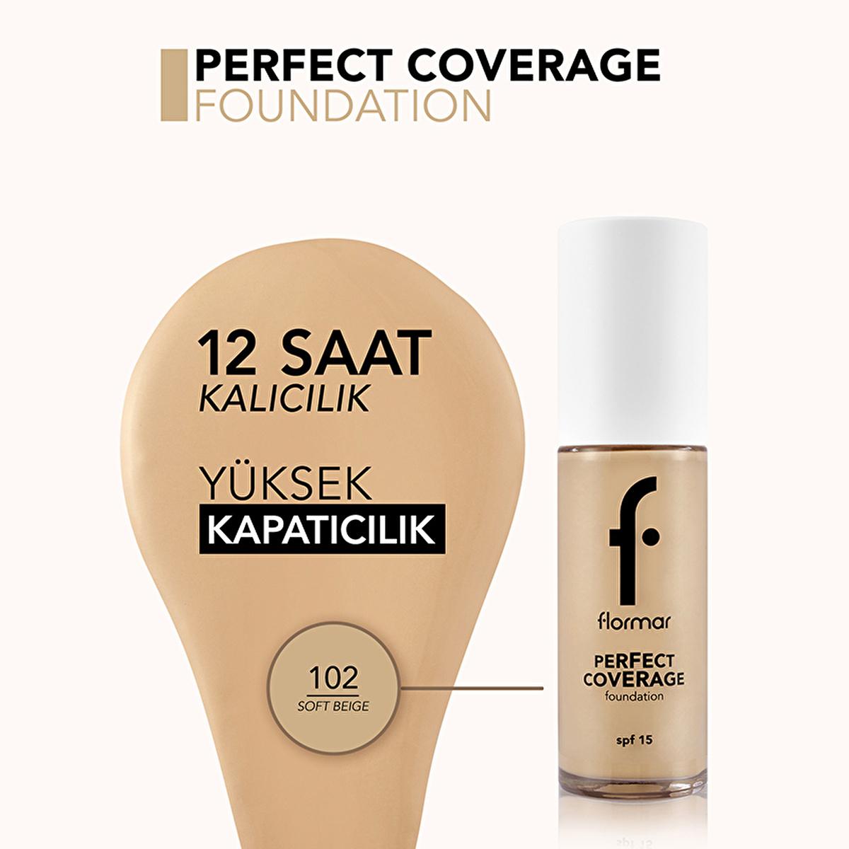 Flormar Perfect Coverage Foundation 102 Soft Beige bottle with swatch 2-item display on Tampa Home & Garden Store