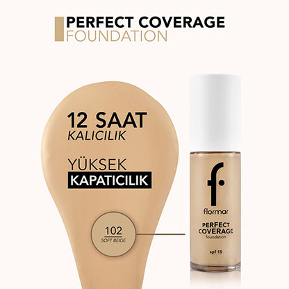 Flormar Perfect Coverage Foundation 102 Soft Beige bottle with swatch 2-item display on Tampa Home & Garden Store