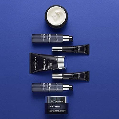 Institut Esthederm Intensive Hyaluronic Eye Serum set with blue tubes and cream jar on backdrop on Tampa Home & Garden Store