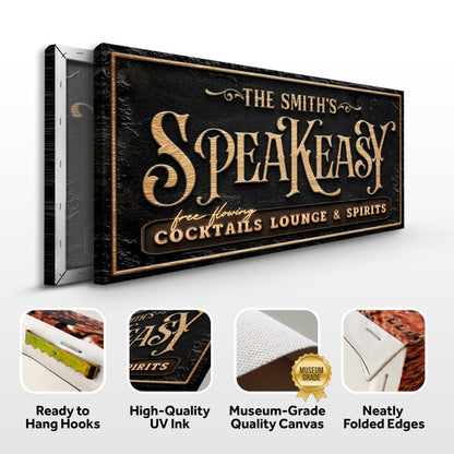 Speakeasy Bar Sign canvas by Tailored Canvases; black textured background with copper lettering on Tampa Home & Garden Store