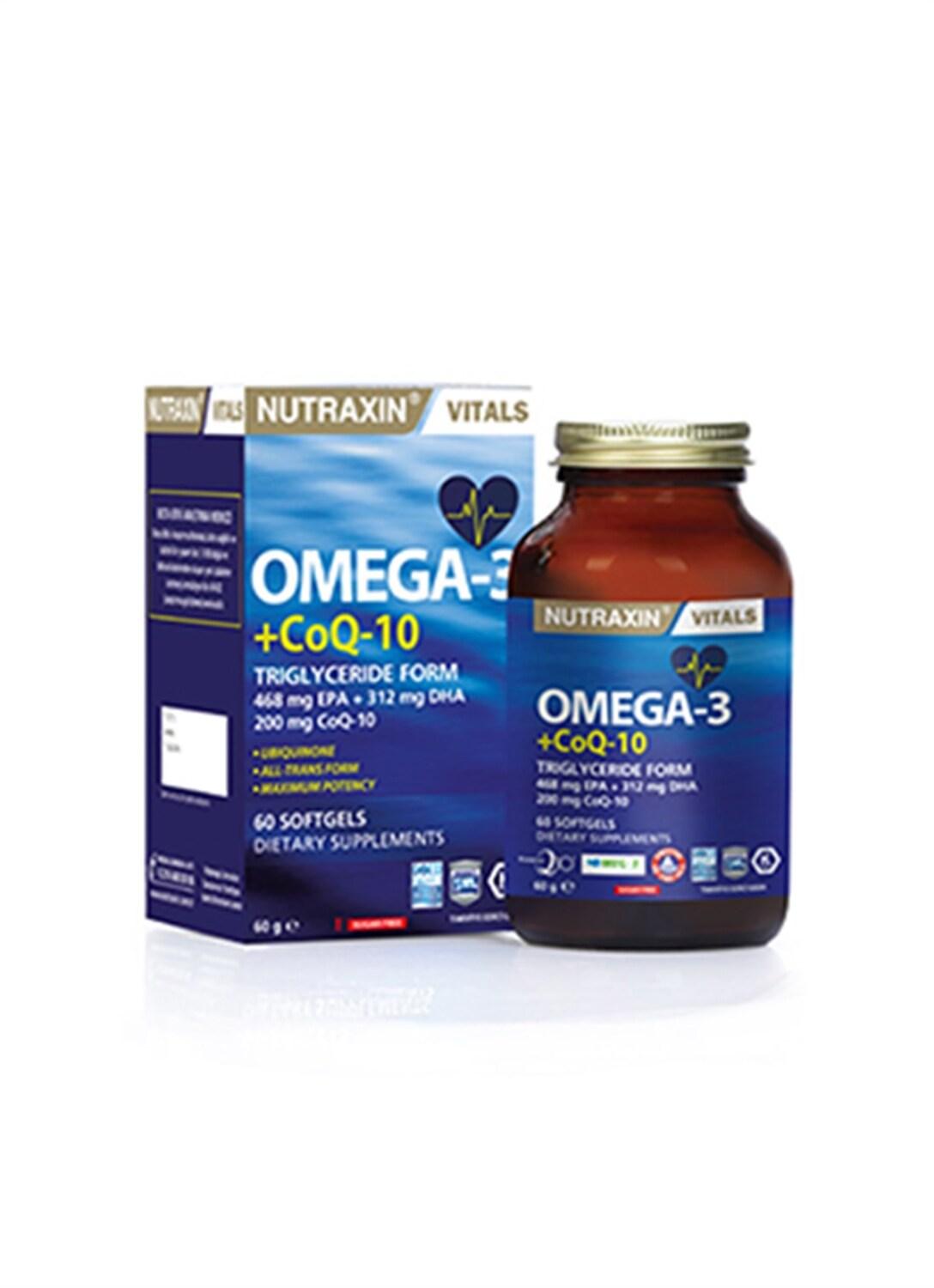Nutraxin Omega-3 + CoQ-10 supplement bottle beside box, 60 softgels, Beauty Care Bag on Tampa Home & Garden Store