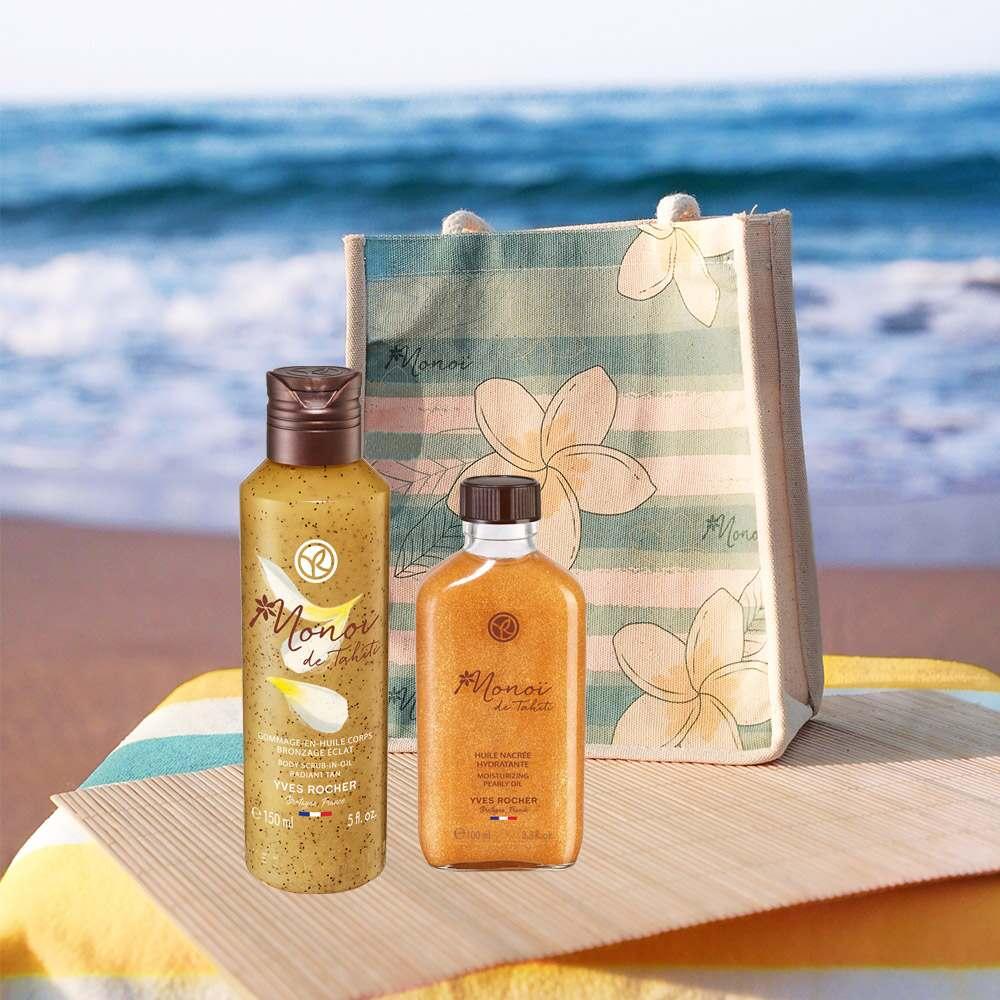 Monoi bath set with exfoliating shower oil and nourishing hair & body oil in a canvas bag on Tampa Home & Garden Store