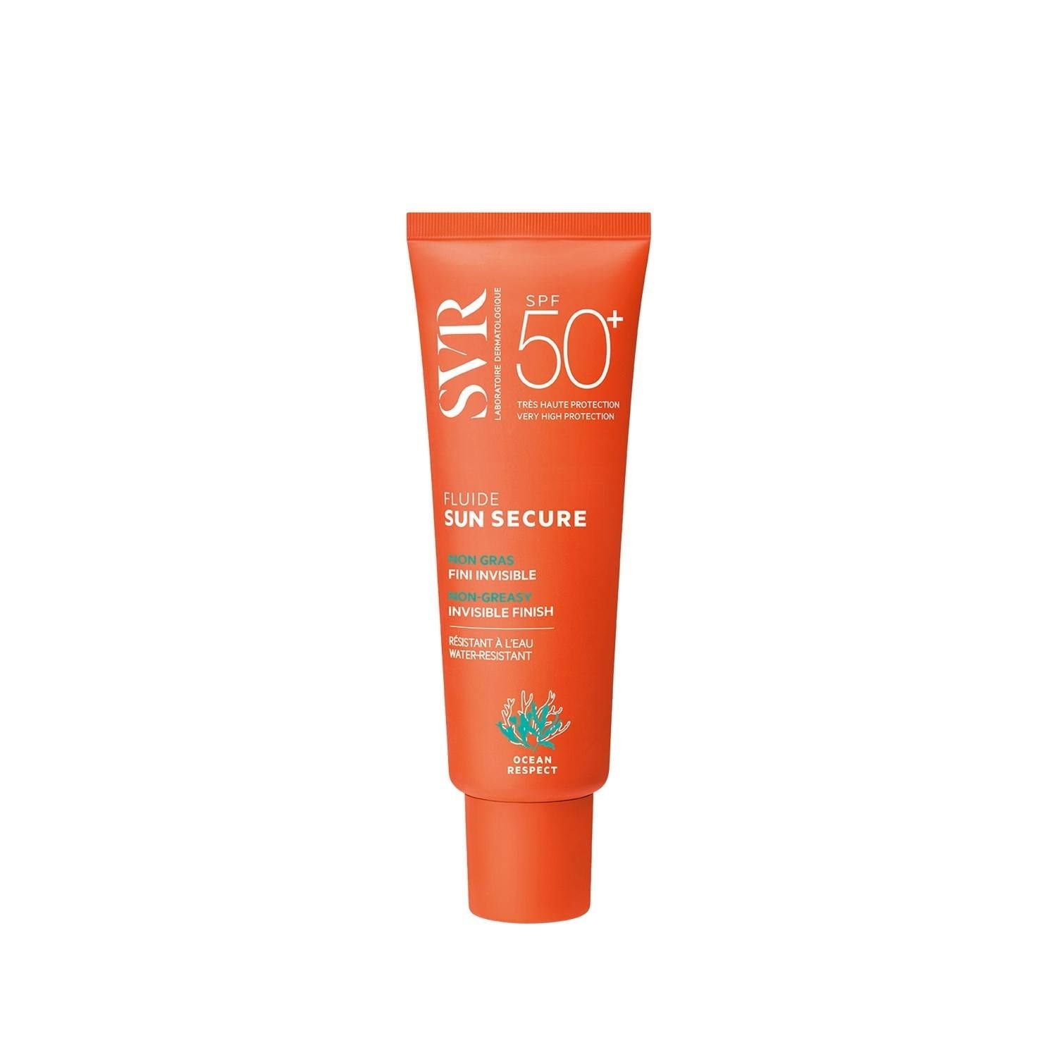 Sunscreen SVR Sun Secure Fluide SPF50+ tube orange, water-resistant, non-greasy SVR branding on Tampa Home & Garden Store