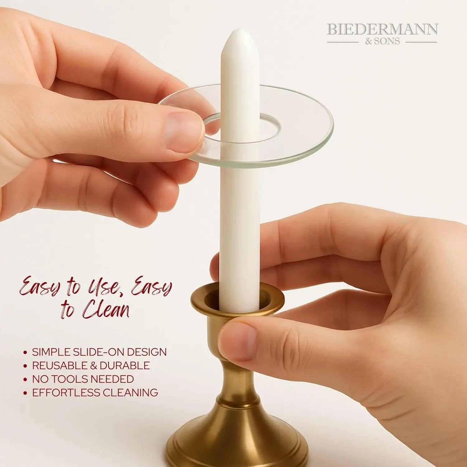 Clear Glass Bobeche for Taper Candles around a white taper candle on a brass candlestick on Tampa Home & Garden Store
