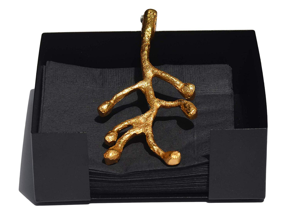 Vibhsa napkin holder dining decor gold olive-branch metal design with black napkins in box on Tampa Home & Garden Store
