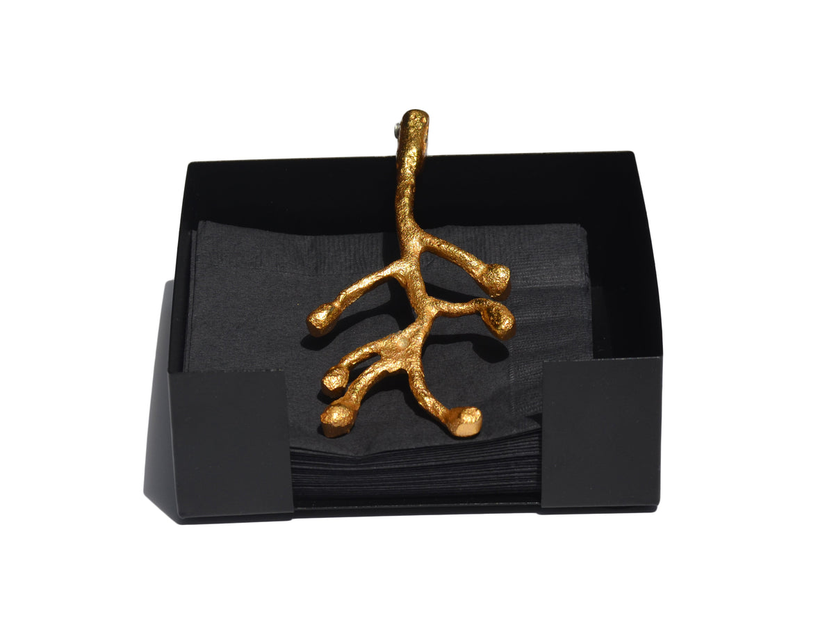 Vibhsa Napkin Holder Dining Decor with gold olive branch accent on black base on Tampa Home & Garden Store
