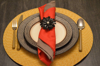 Vibhsa black floral napkin rings with pearl accents, set of 4, handcrafted dining decor on Tampa Home & Garden Store