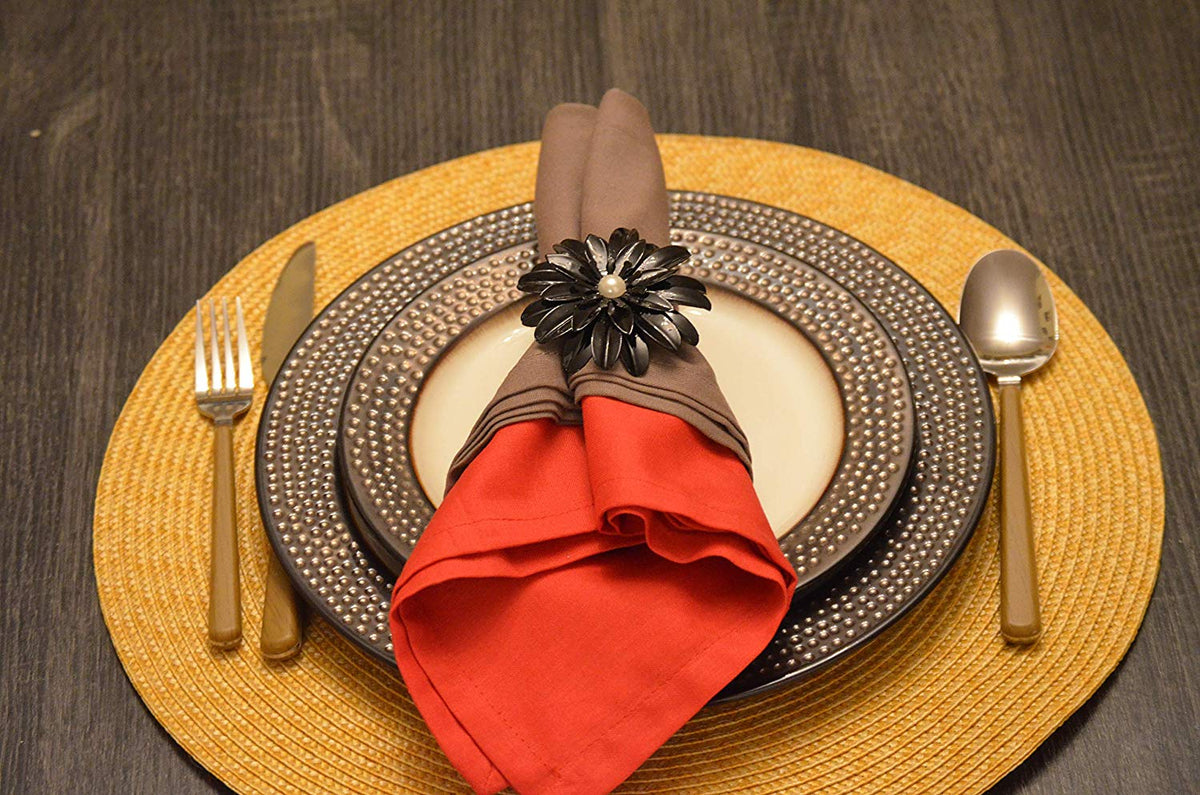 Vibhsa black floral napkin rings set of 4 with pearl accents, handcrafted dining decor on Tampa Home & Garden Store