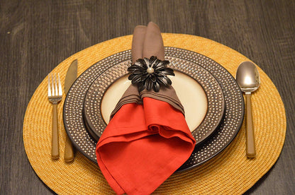 Vibhsa black floral napkin rings set of 4 with pearl accents, handcrafted dining decor on Tampa Home & Garden Store