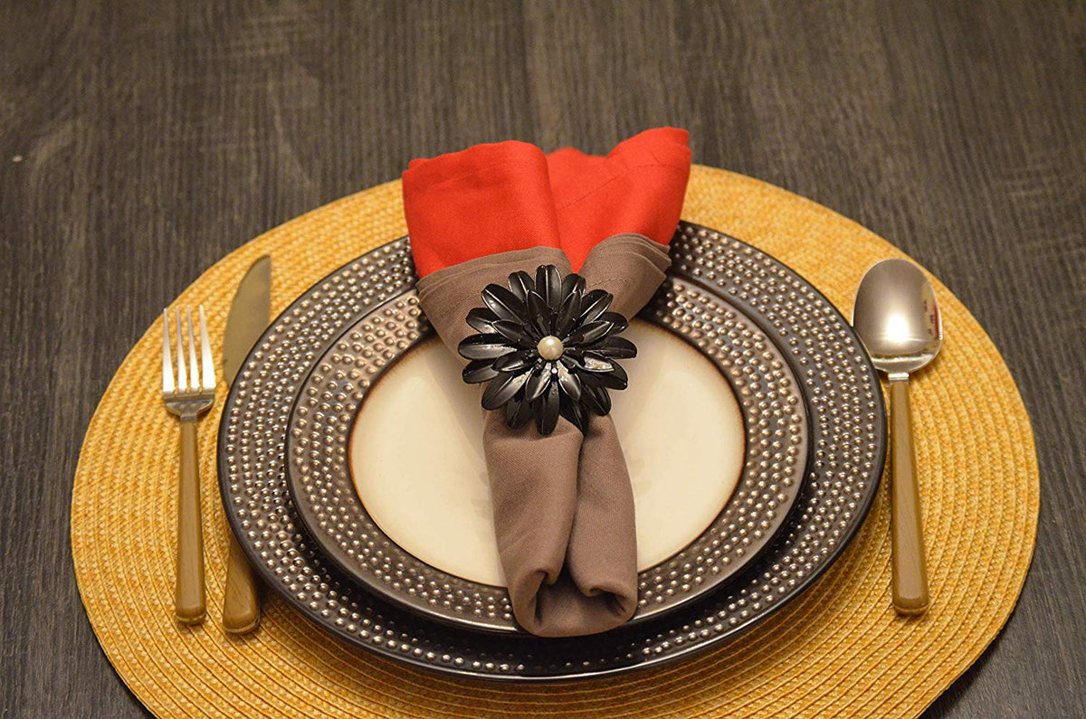 Vibhsa Black Floral Napkin Rings set of 4 with pearl accents for elegant dining decor on Tampa Home & Garden Store